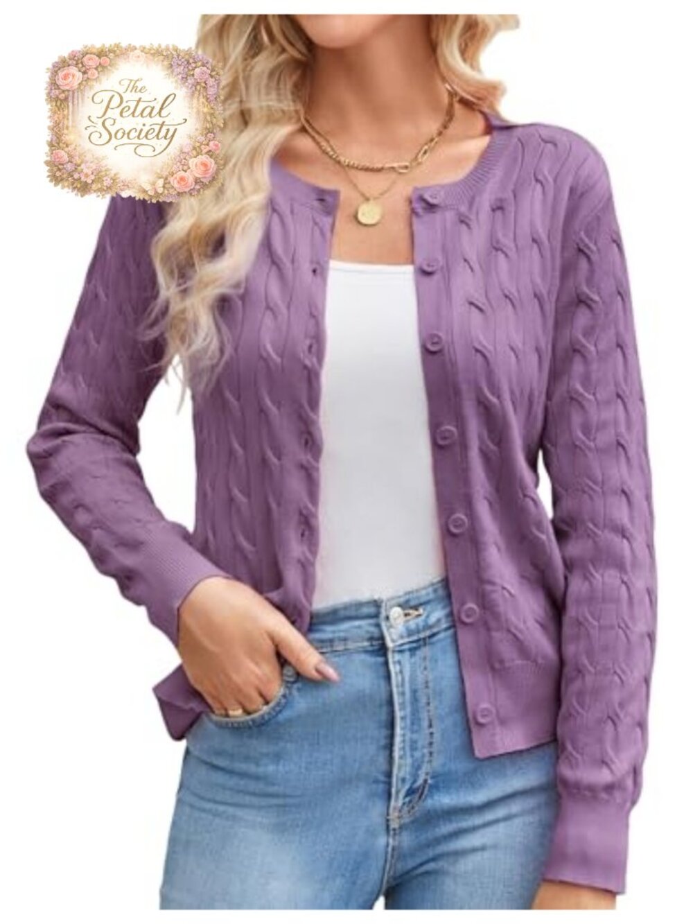 Cable Knit Cardigan Lightweight Button Up Cropped Sweater for Women